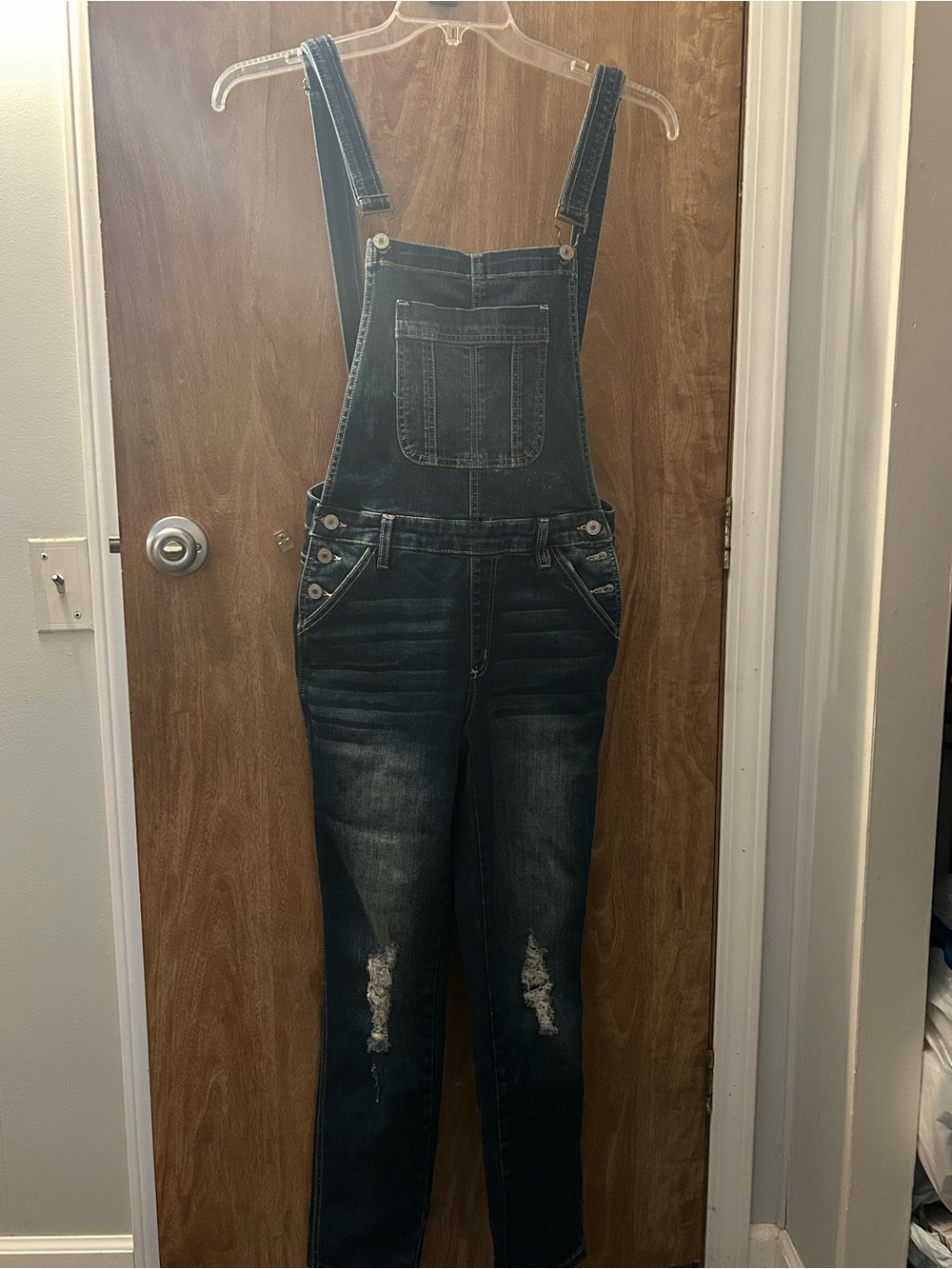 KanCan Dark Blue Distressed Denim Overalls for Women
